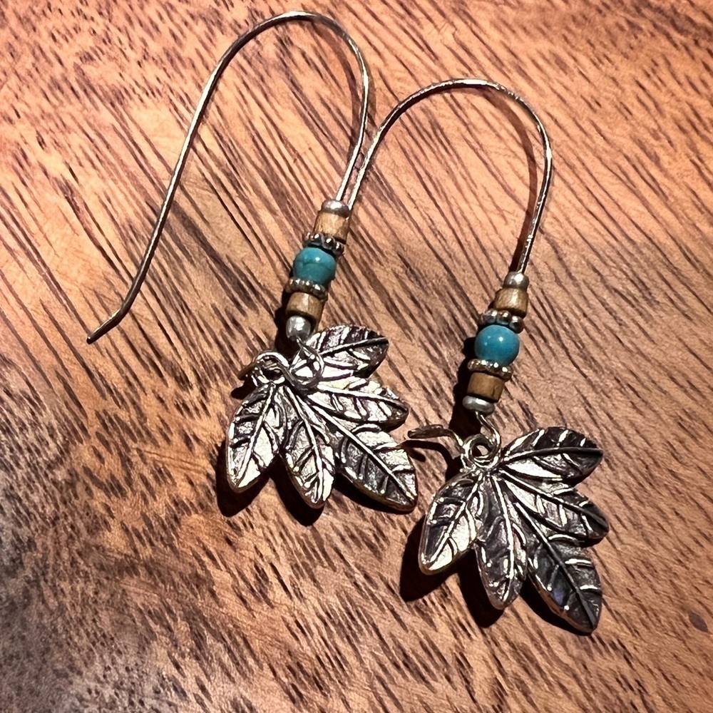 Tribal Silver and Turquoise/Tan Beads Dangle Earrings 2.5” Kidney Wire